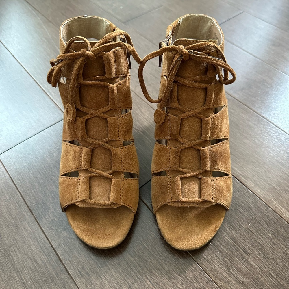 Vionic Tan Suede Lace-Up Open-Toe Heels